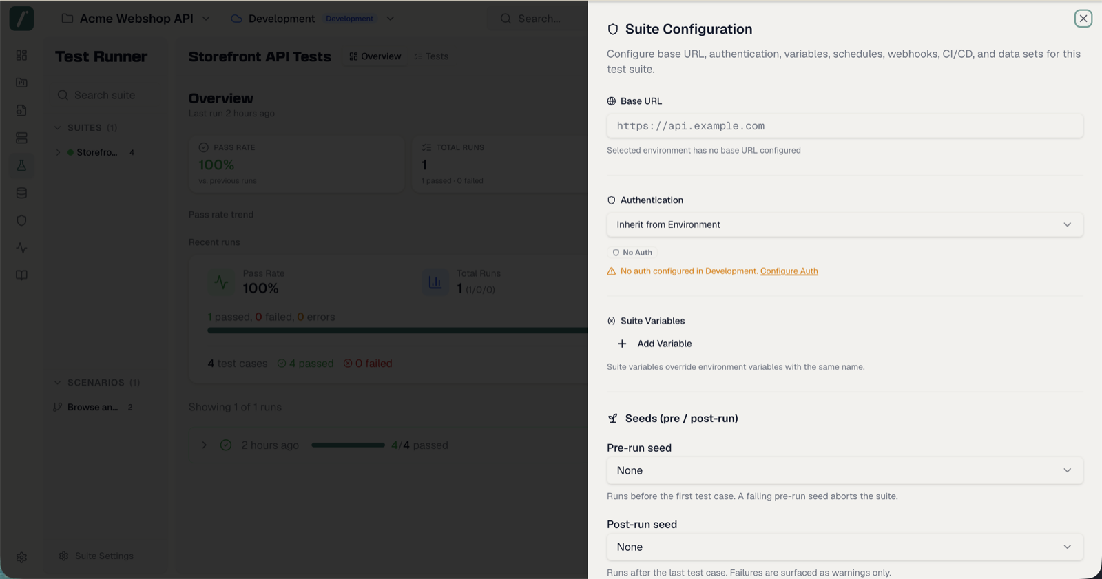 A test suite's Authentication setting showing the Inherit from Environment mode with inheritance badge