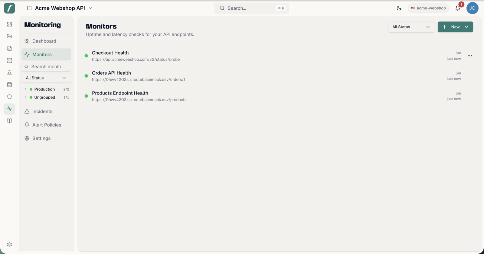 The Monitors list with status filter and row actions