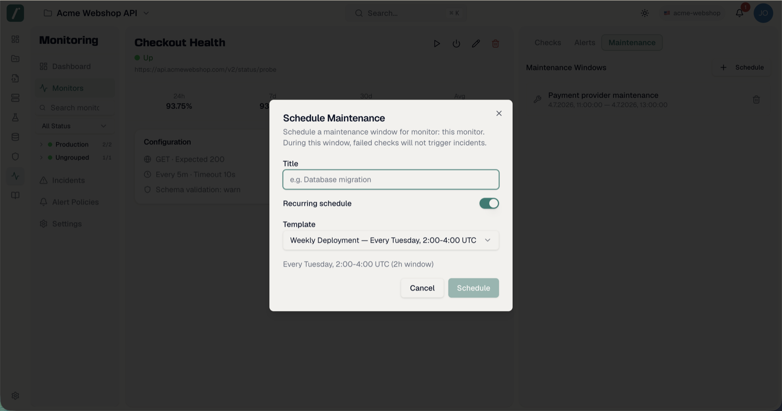 The Schedule Maintenance dialog with a recurring template selected