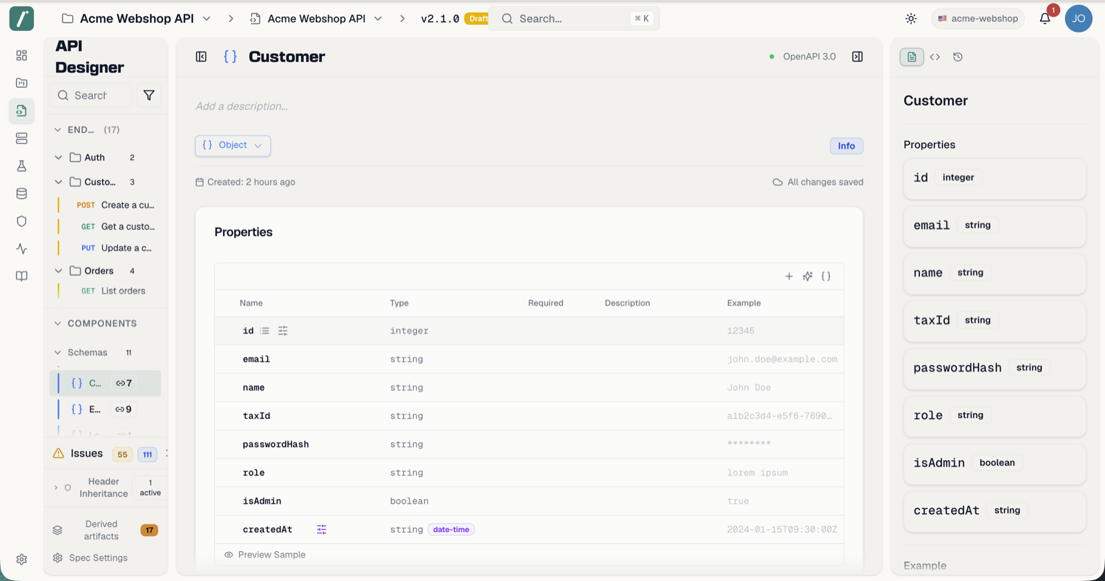 A schema editor showing properties and required fields