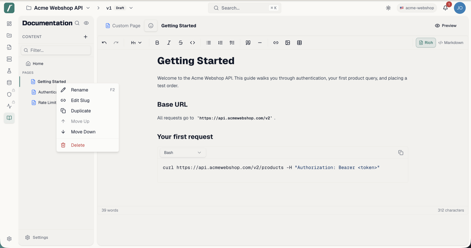 The tree context menu open on a folder showing rename, slug, and section actions