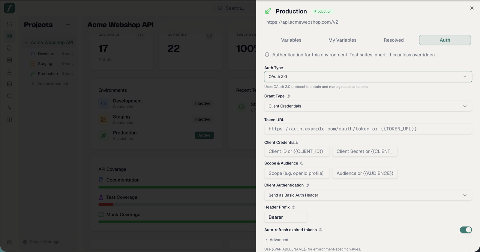 The Auth tab of an environment with an OAuth 2.0 configuration