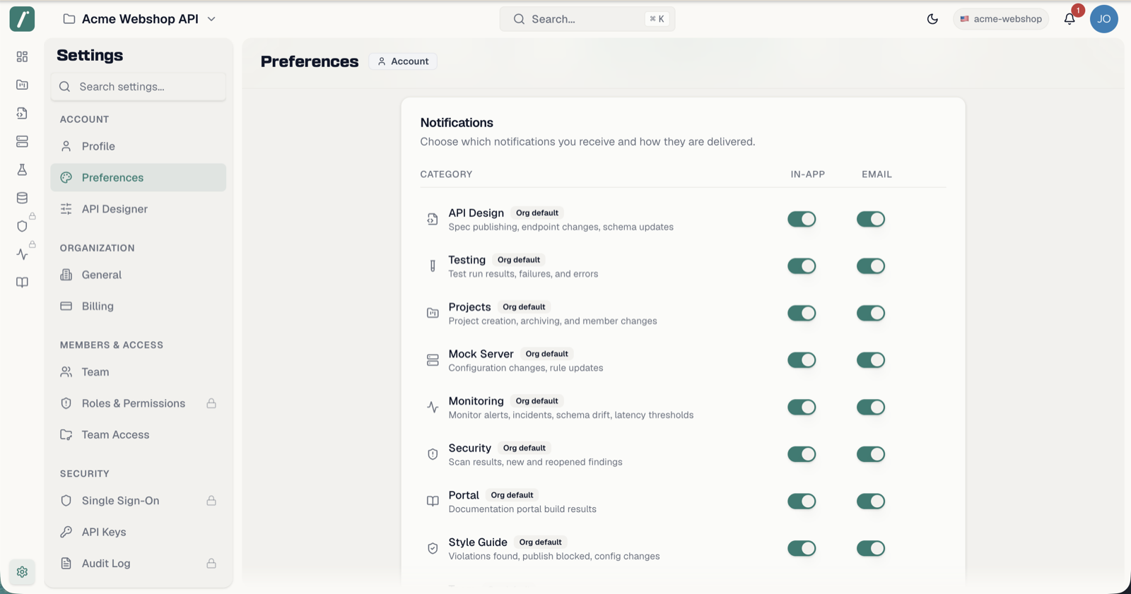 The personal notification preference matrix with In-App and Email toggles