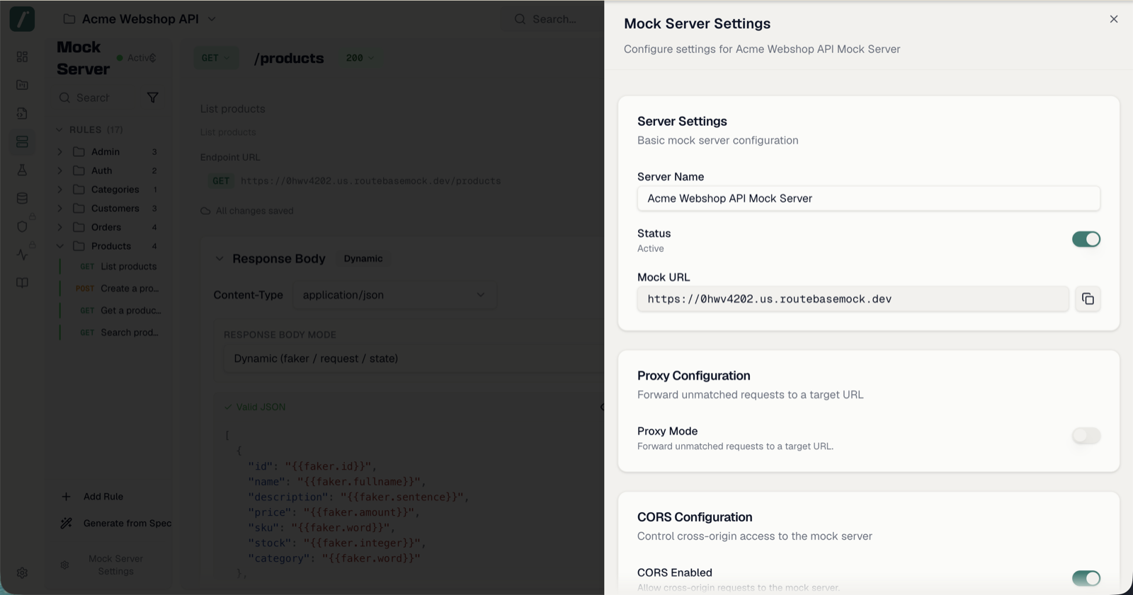 The mock server settings sheet with server, proxy, and CORS sections