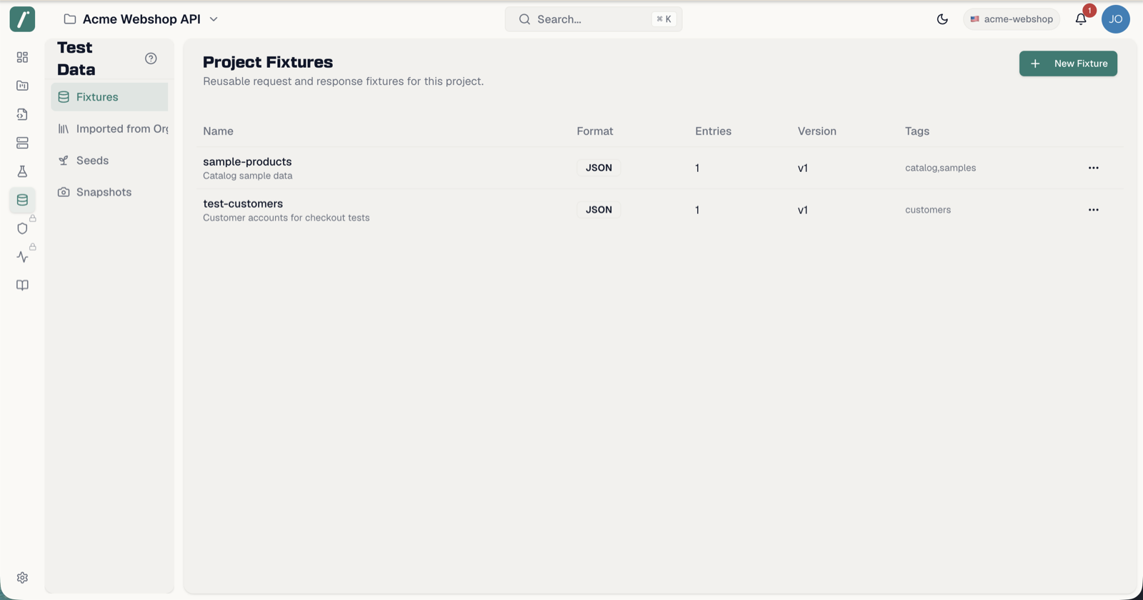 The Test Data page with fixtures, seeds and snapshots sections