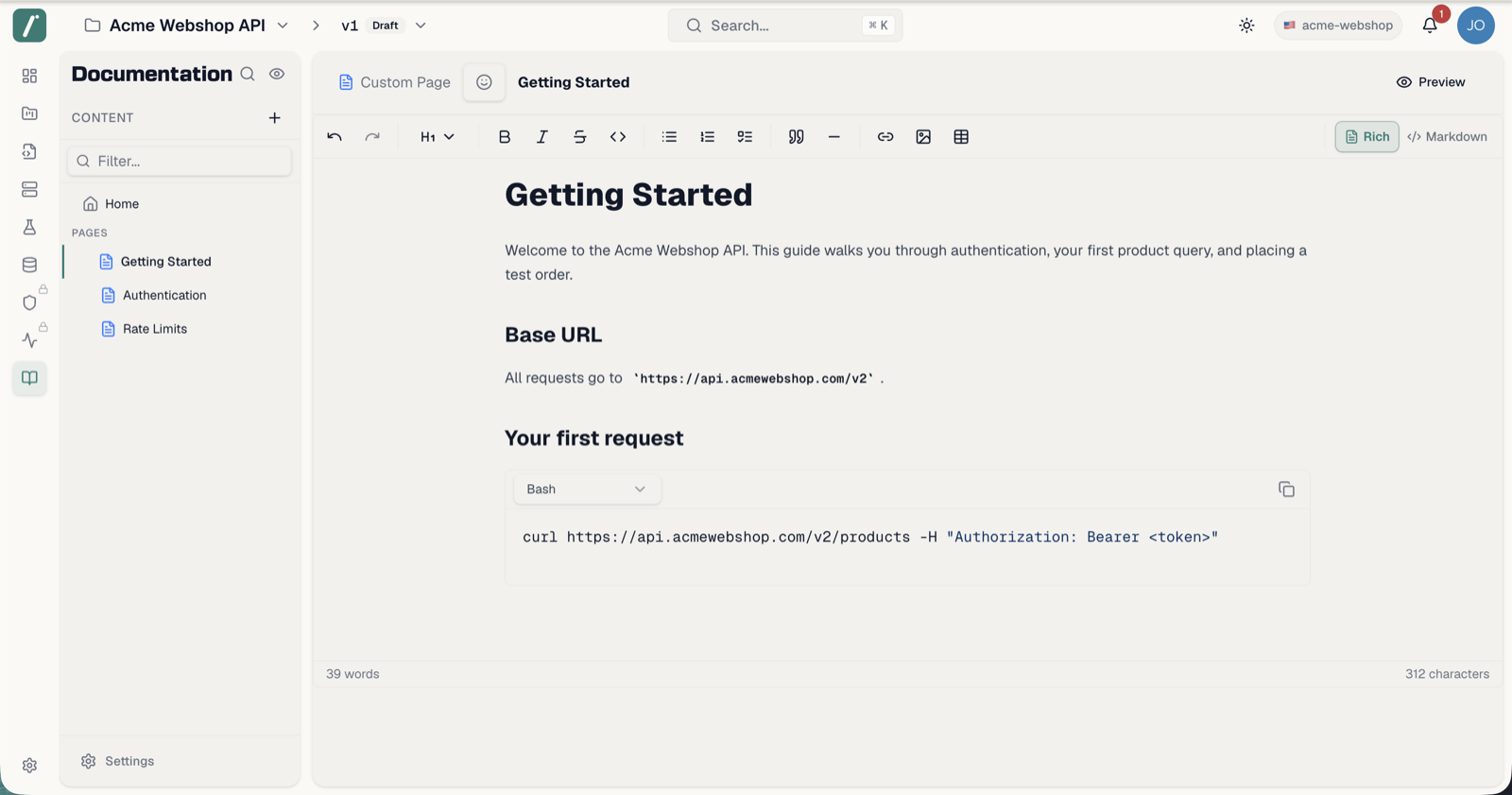 The documentation editor with the content tree on the left and a page open on the right
