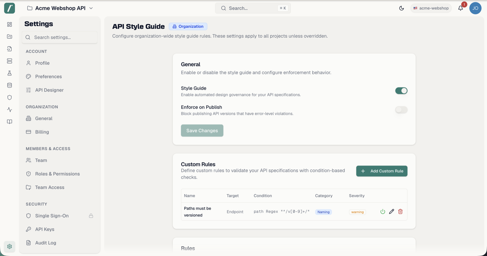 The Style Guide settings page with the General card and the rules table