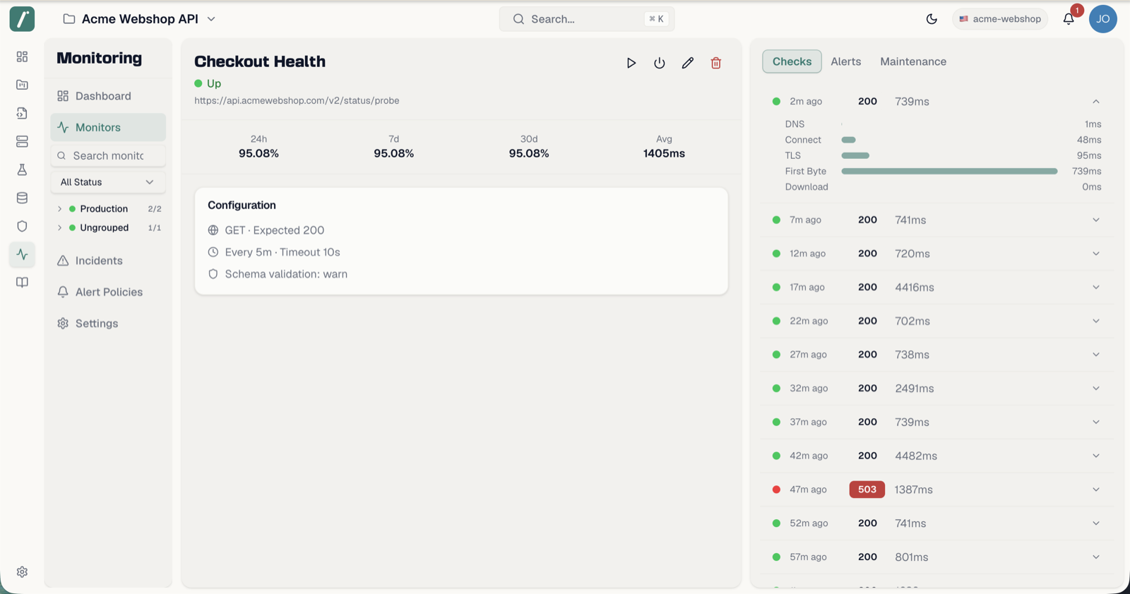 Monitor detail page with uptime stats and expanded check timings