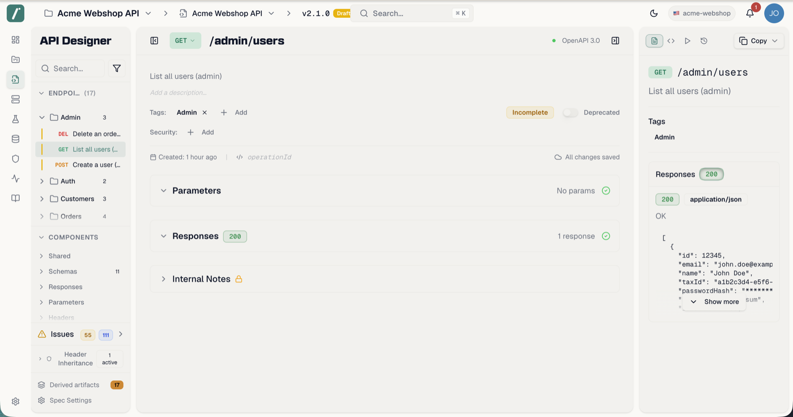 The endpoint editor showing method, path, parameters and responses