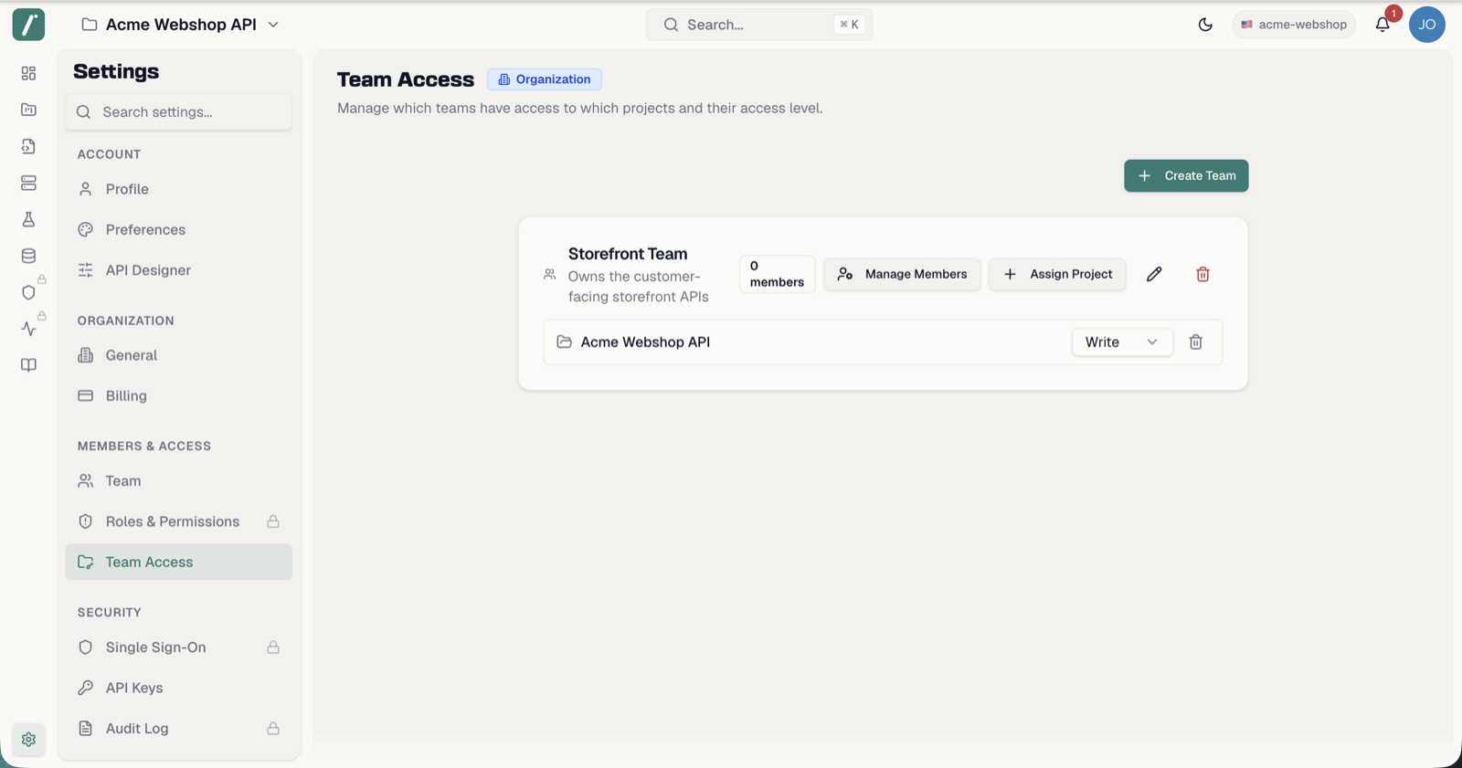 A team card with assigned projects and per-project access level selectors