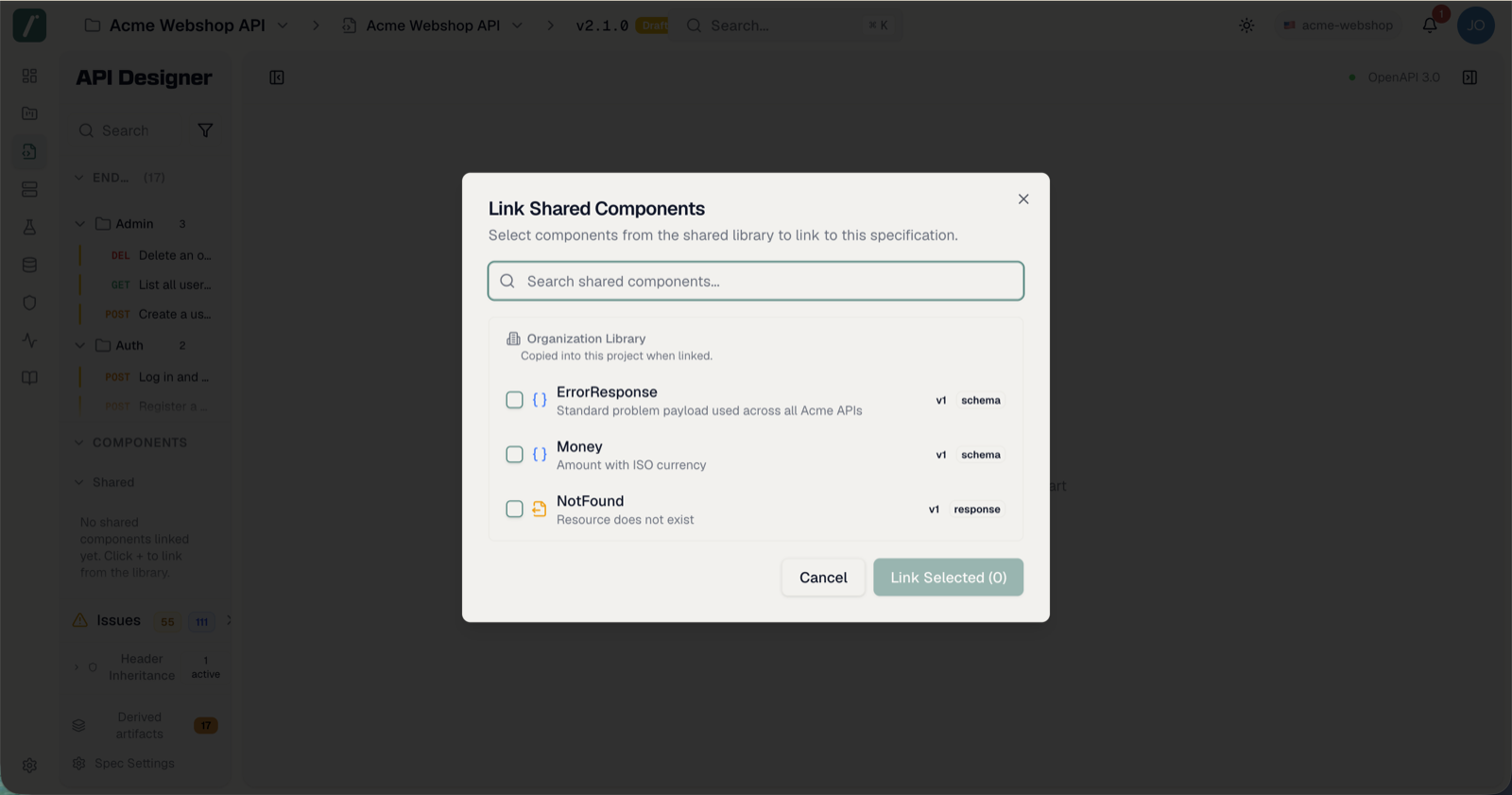The Link Shared Components dialog with organization and project library groups