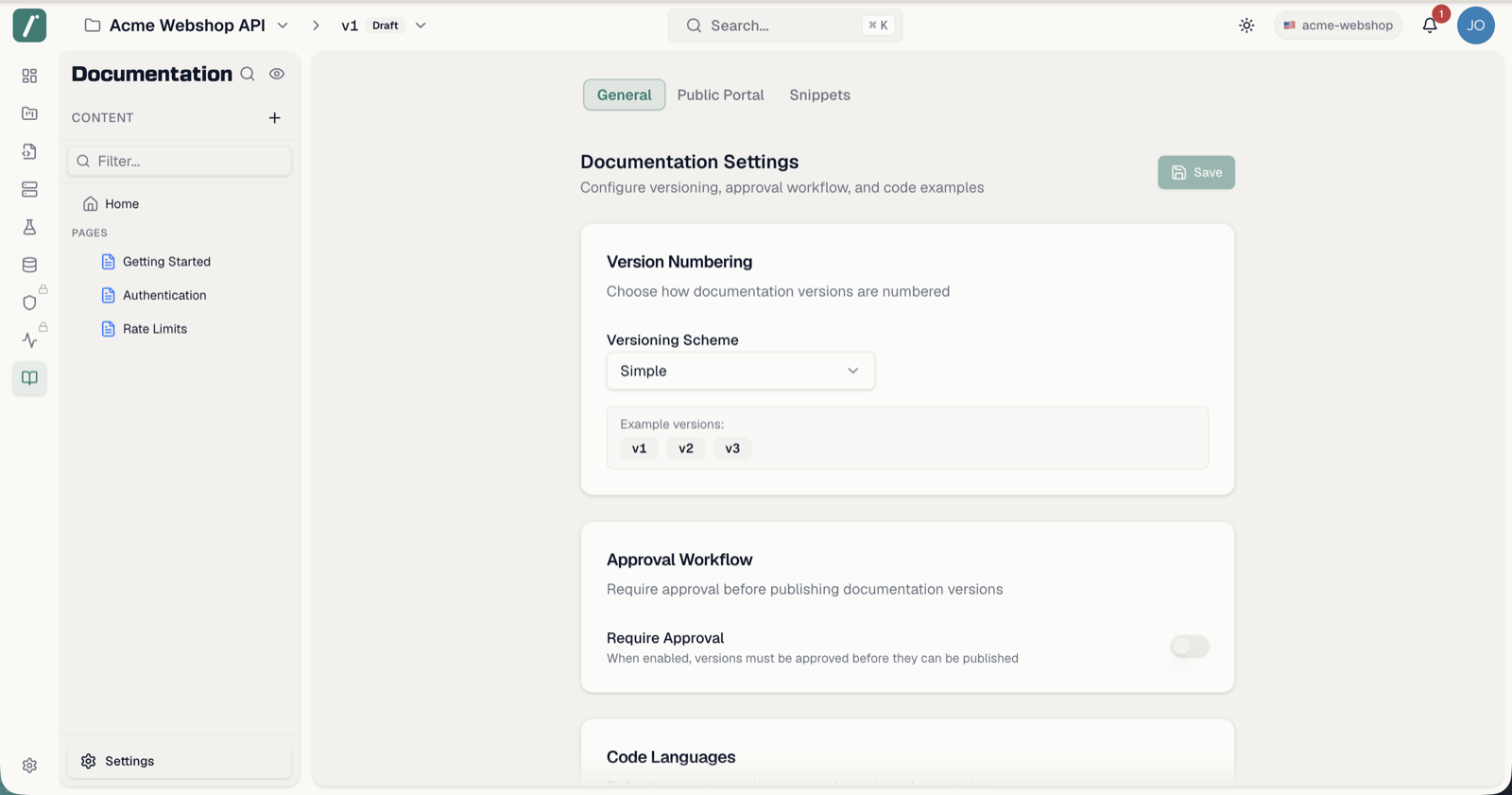 Documentation settings showing version numbering and the approval workflow