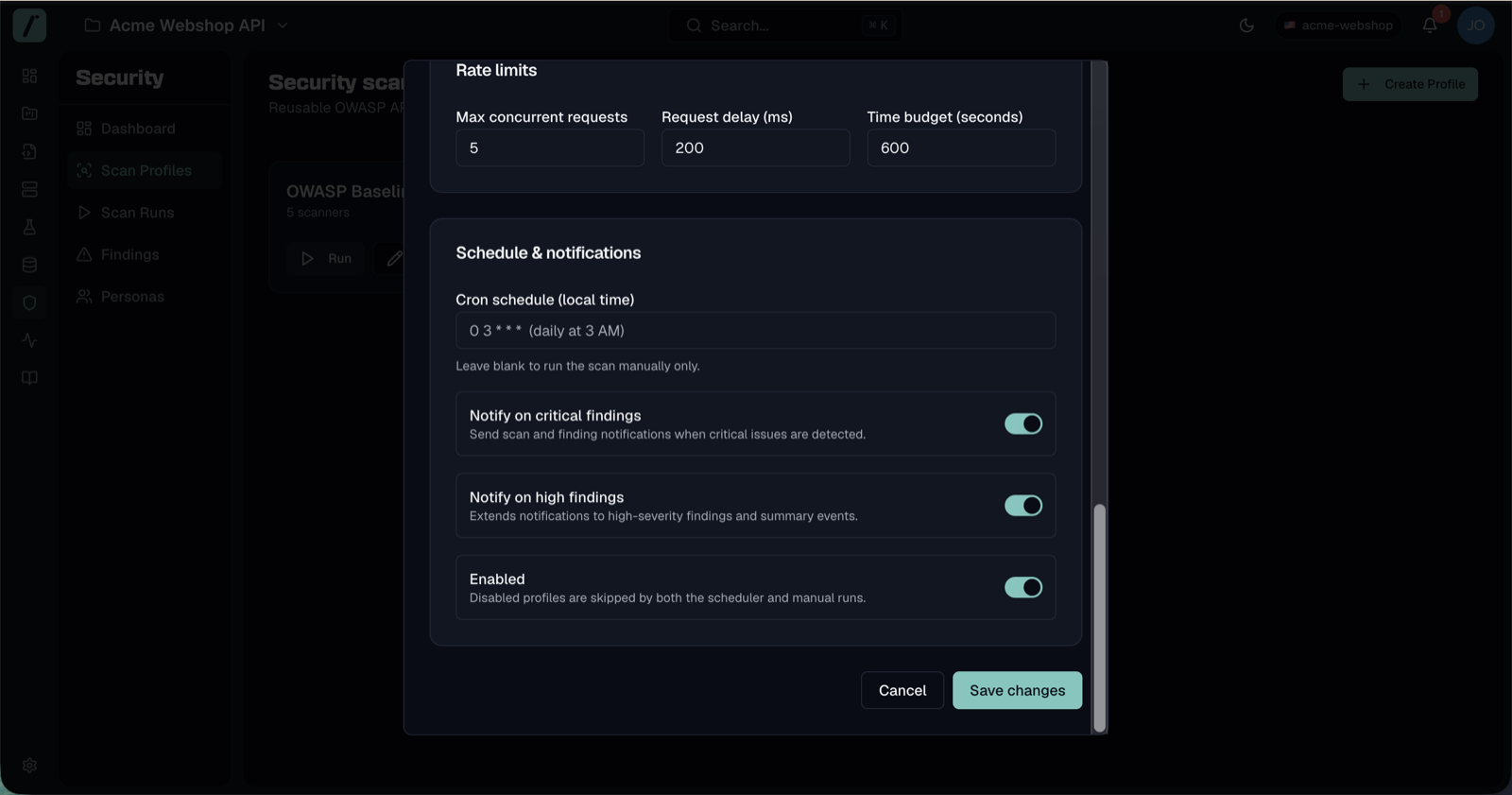 Schedule and notifications section of the profile editor