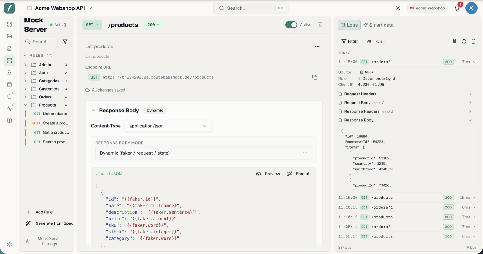 Request log with an expanded entry showing request and response details