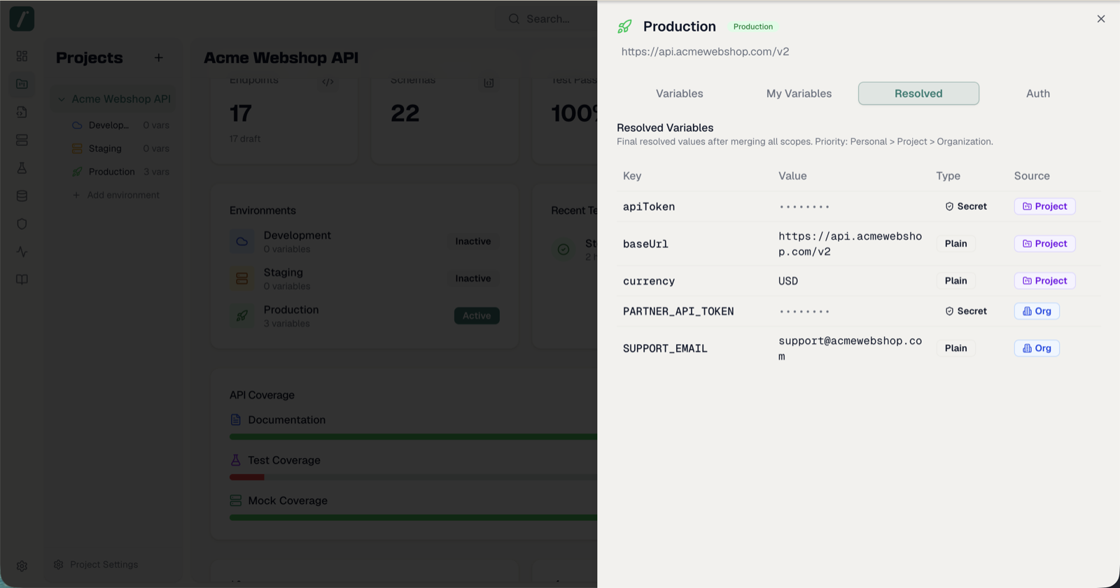 The Resolved tab showing merged variables with scope badges