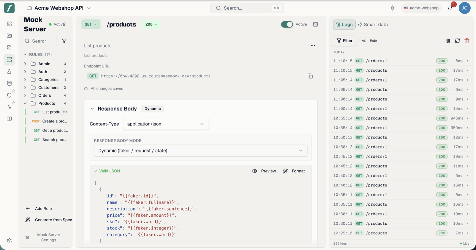 Rule editor with a dynamic response body and faker autocomplete open