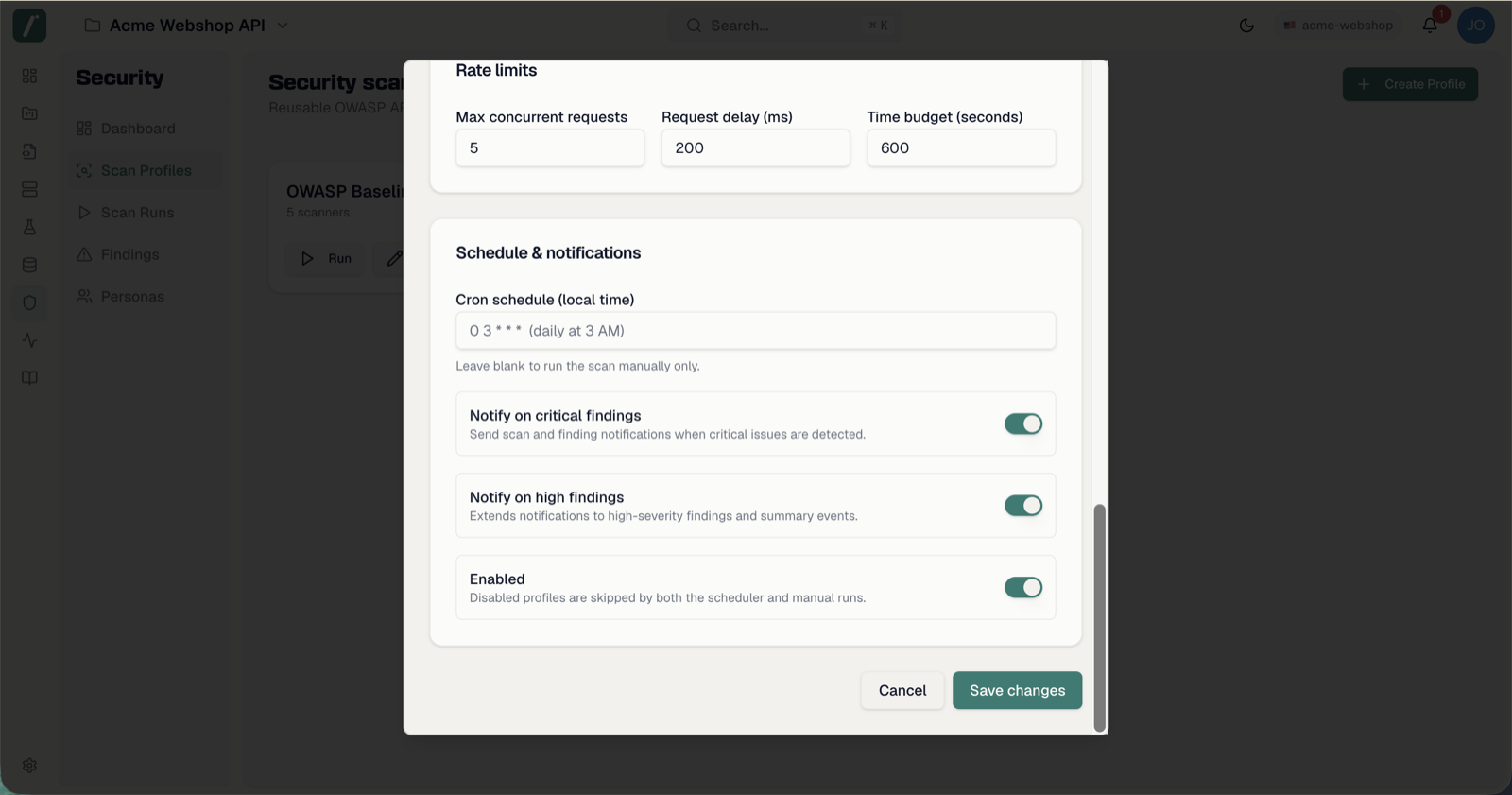 Schedule and notifications section of the profile editor