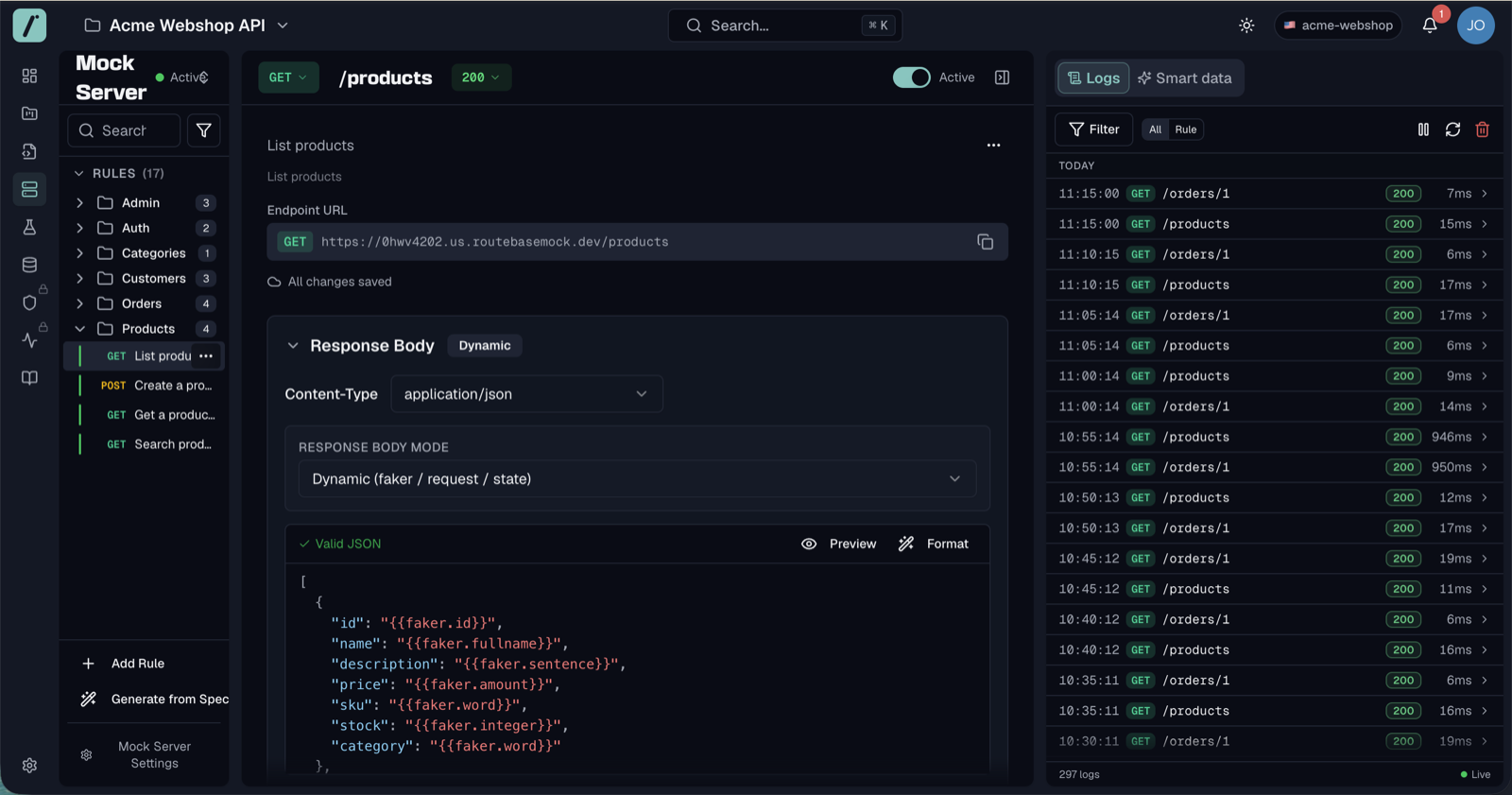 Rule editor with a dynamic response body and faker autocomplete open