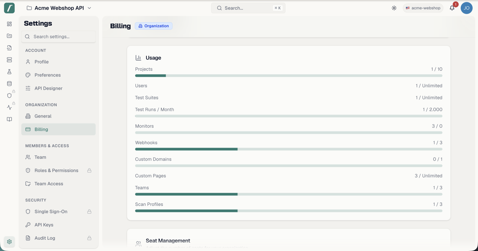 The Usage panel with progress bars approaching and reaching limits