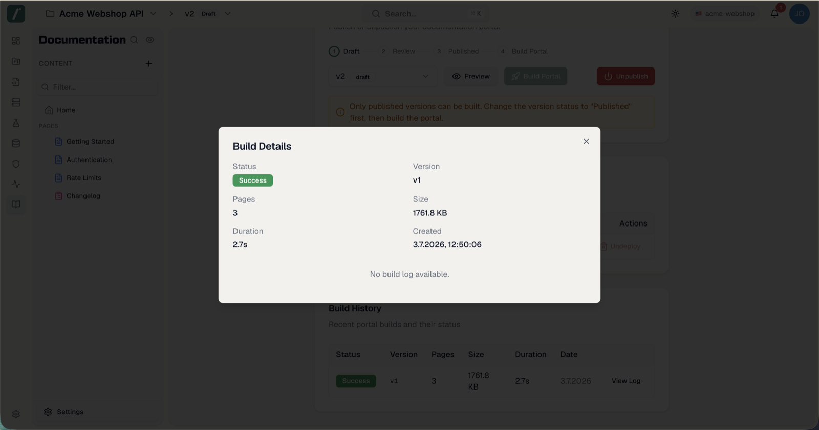 Build history table with a build log dialog open