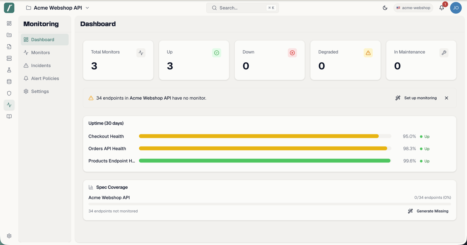 The Spec Coverage card with progress bars and Generate Missing
