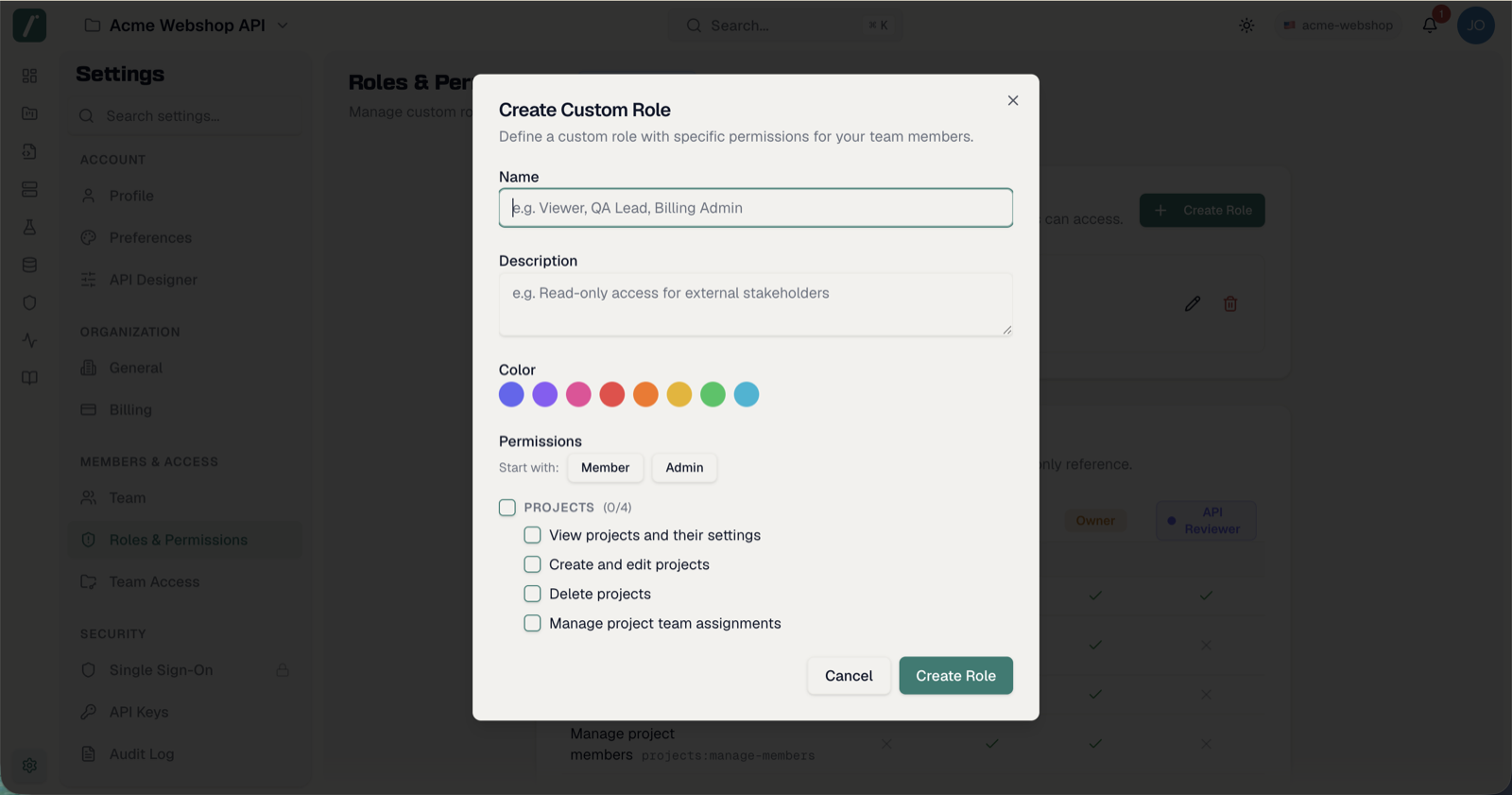 The Create Custom Role dialog with name, color presets and the permission picker