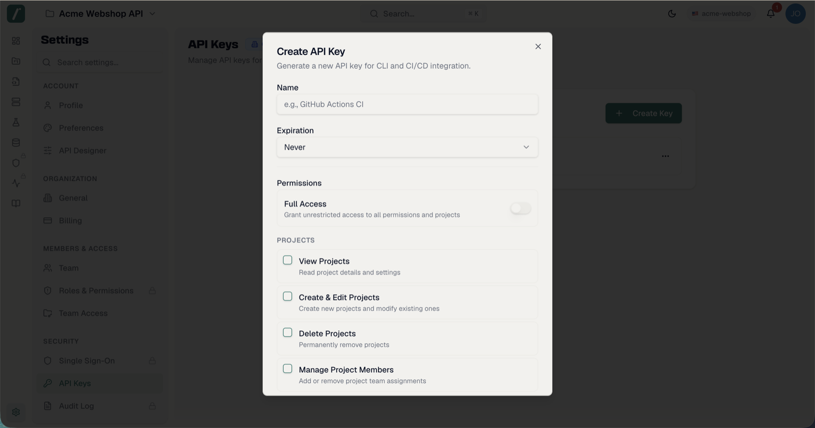 The scope editor with the Full Access switch off and per-permission project restriction
